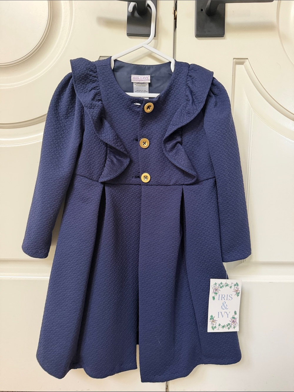 iris & ivy Navy Textured Ruffle-Trim Girls Dress with Buttons